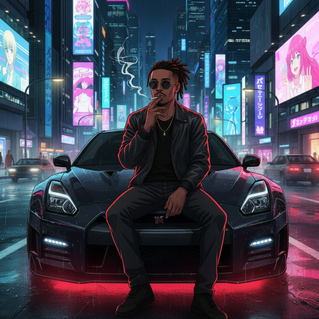 LuvsongLan anime-style neon city hero artwork for LUVRACER376