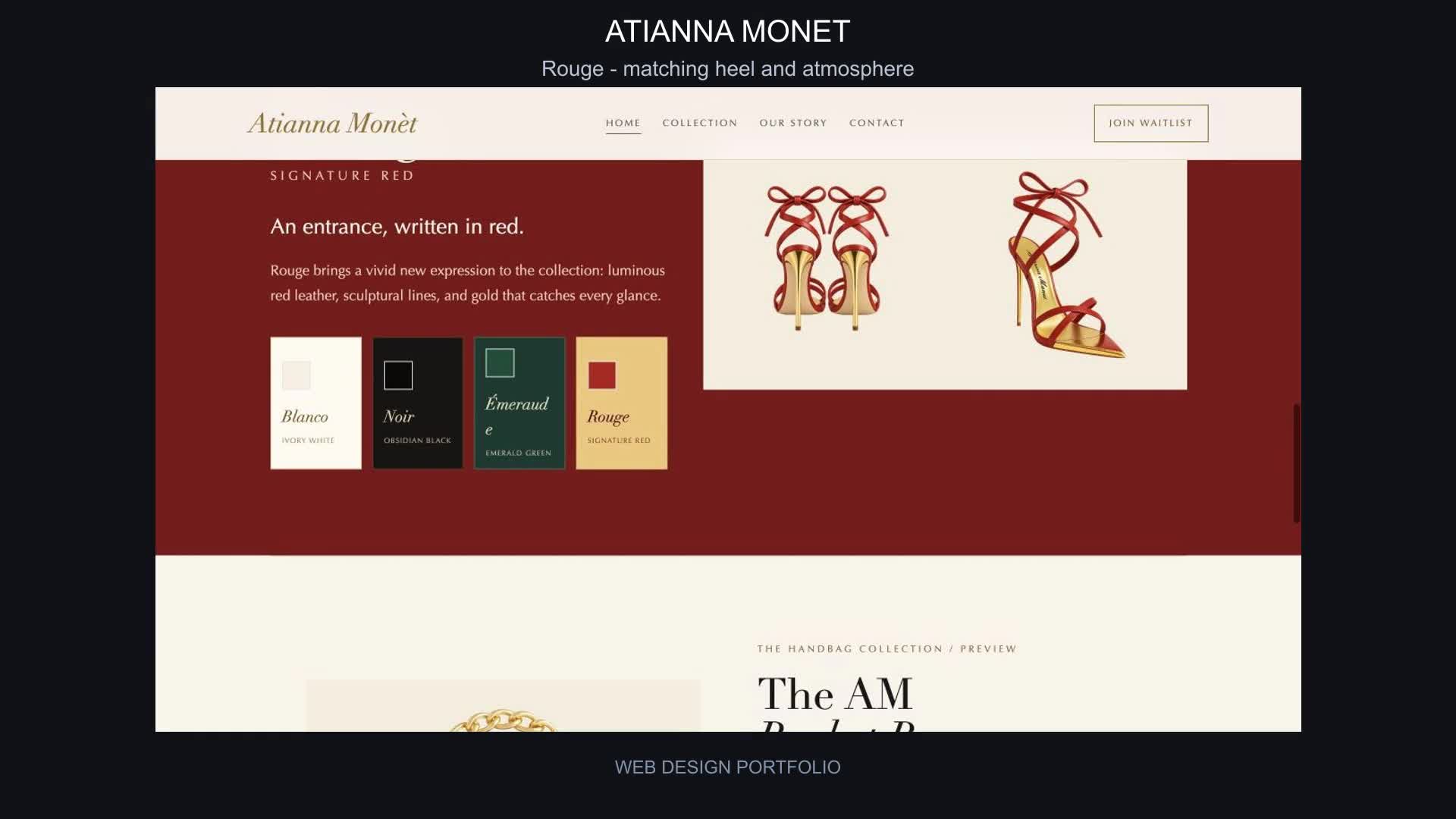 Atianna Monet website design with red footwear and editorial styling